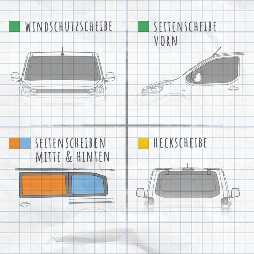 Magnet-Thermomatten Mercedes V-Klasse, Vito UNVERKLEIDET und KOMPAKT, Seitenscheiben hinten Fahrerseite und Beifahrerseite mit Ausstellfenster, kompakt, Heckscheibe mit Scheibenwischer Farbe: Black (Schwarz) innen / Lichtgrau aussen