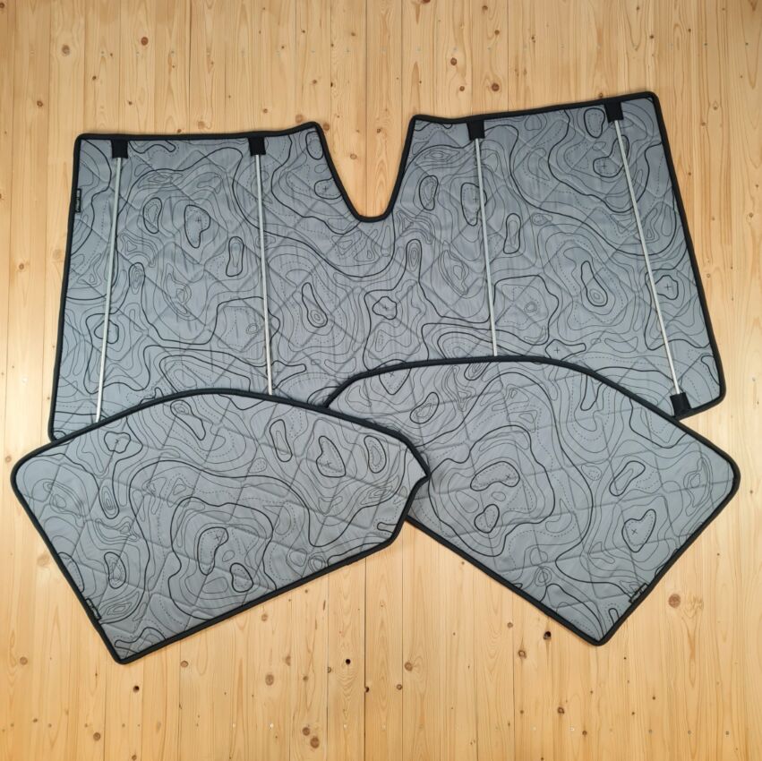 Lagerware: Magnet-Thermomatten VW T6.1 Cockpit-Set mit großem v-förmigem Gehäuse [DriveDressy Wild Lines Grey / Schwarz]