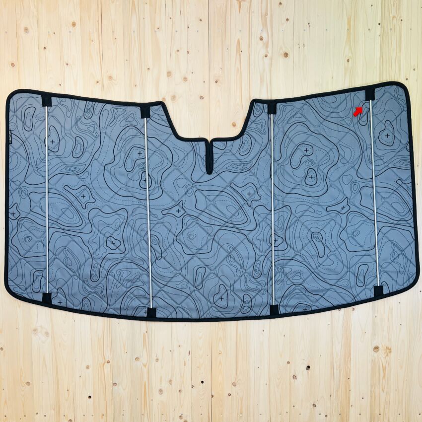 B-Ware: Magnet-Thermomatte VW Crafter 2 Windschutzscheibe mit Innenraum-Rückspiegel mit Gehäuse (Grand California) [DriveDressy Wild Lines Grey/ Schwarz]