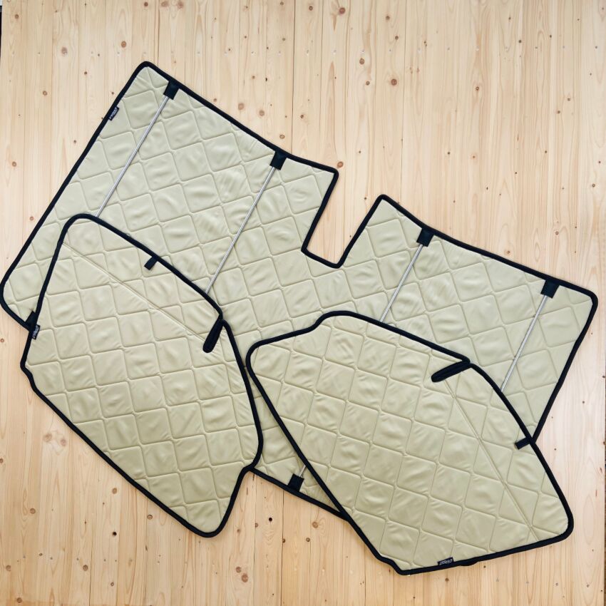 Lagerware: Magnet-Thermomatte Mercedes Sprinter Cockpit-Set mit Haltegriff und Klappnaht für Lüftungsgitter  [Sand (Beige) / Schwarz]