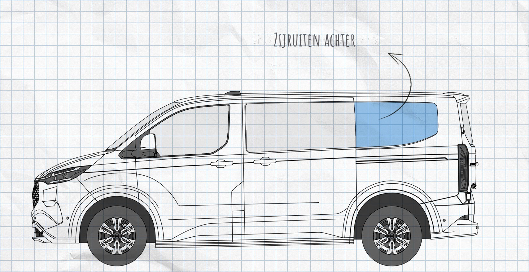MULTIBOARD klittenband-raamtasjesysteem Ford Transit en Tourneo Custom (2023-tot heden) en VW New Transporter, Caravelle (2025-tot heden)